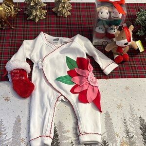 Mud Pie White and Red Baby One Piece with Floral Design and more 4 pc bundle
